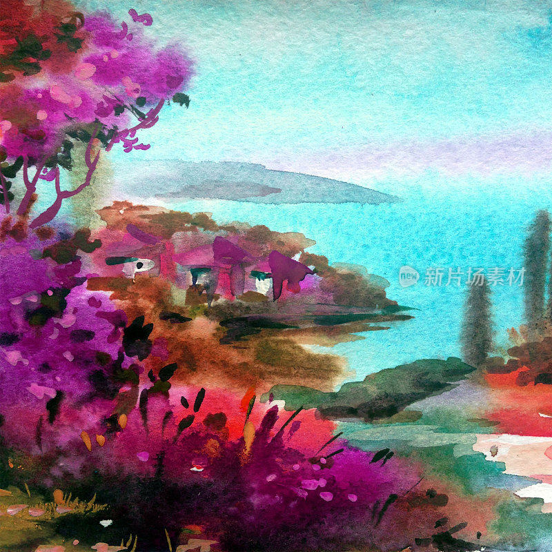水彩色彩鲜艳，纹理鲜明，抽象背景手工制作。地中海风景。描绘海岸的建筑和植被。田园生活