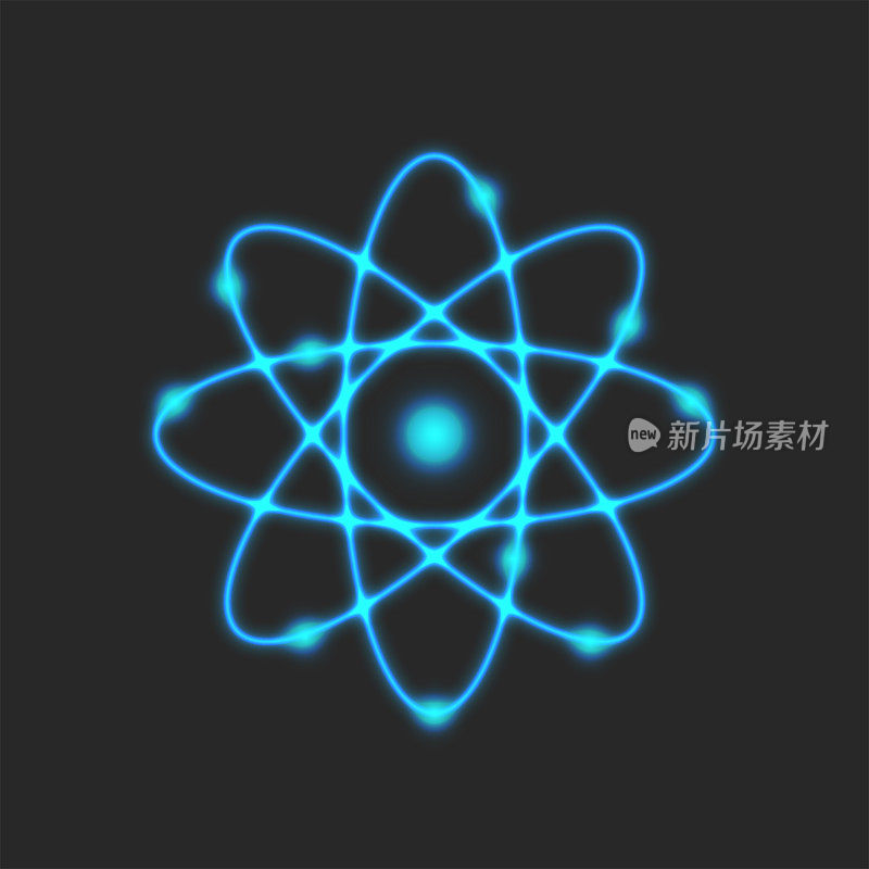 行星模型中的原子，是卢瑟福原子结构模型物理符号发光的霓虹蓝线，科学标志