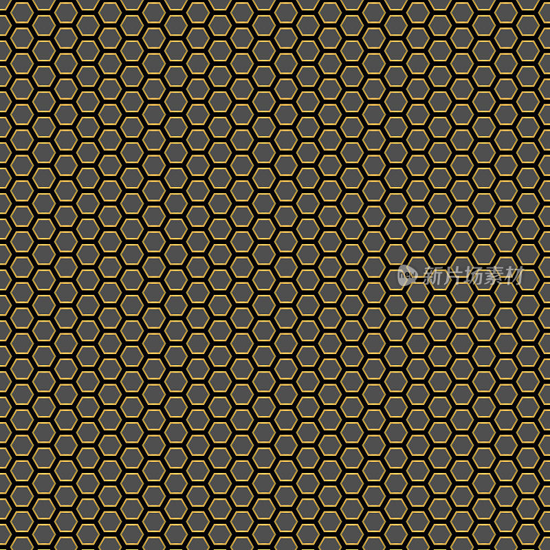 均匀间隔的满等边六边形与黄金描边。黑色背景。