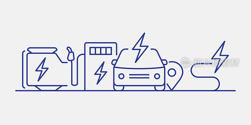 电动汽车相关的网页横幅线条风格。现代线性设计矢量插图的网站横幅,网站标题等。