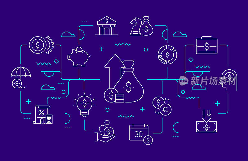 货币和金融相关的网站横幅线条风格。现代线性设计矢量插图
