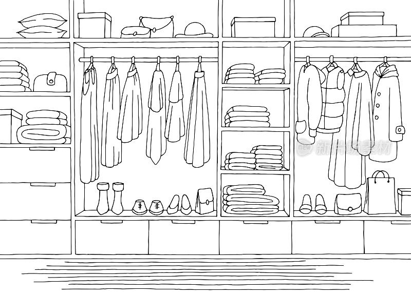 衣柜房间图形黑色白色家居室内草图插图向量
