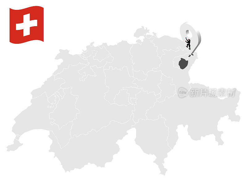 在瑞士地图上的阿彭策尔内罗登州的位置。3d位置标志类似于阿彭策尔内罗登州的国旗。优质地图与瑞士各州为您的设计。EPS10