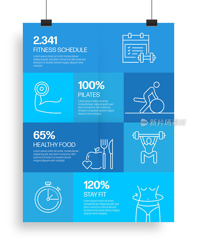健身和锻炼相关的过程信息图表模板。过程时间图。使用线性图标的工作流布局