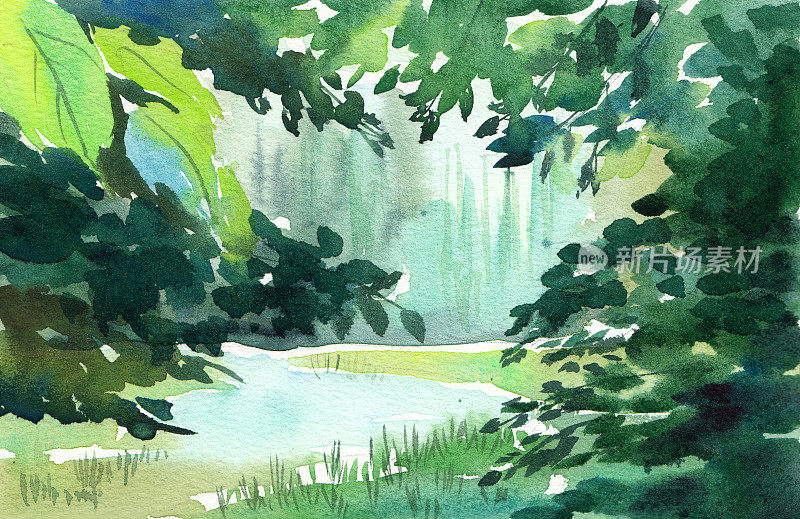 水彩画的风景湖通过树枝。