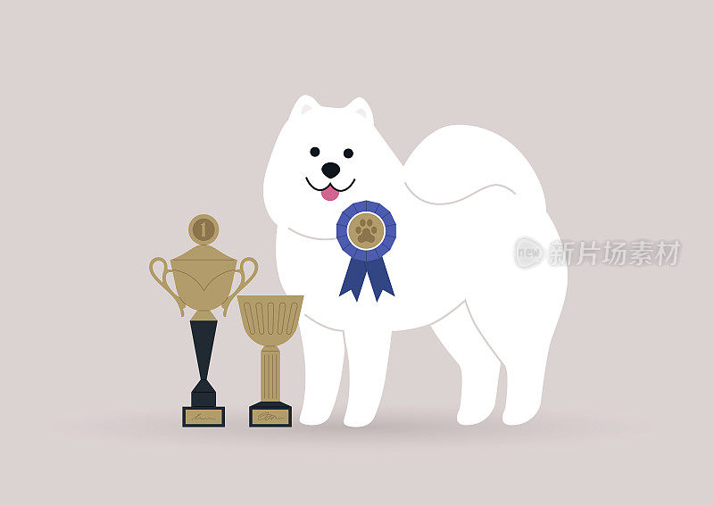 一名狗狗比赛的获胜者拿着金杯和奖牌，这是一个胜利的概念