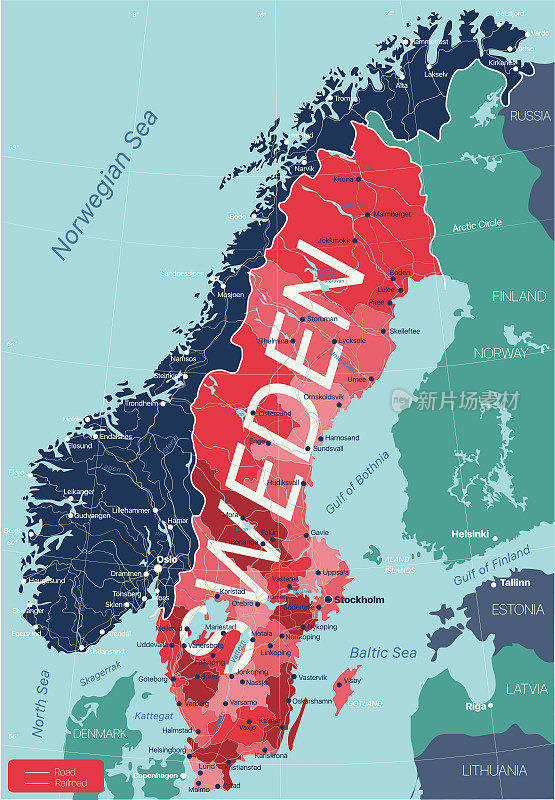 瑞典国家详细编辑地图