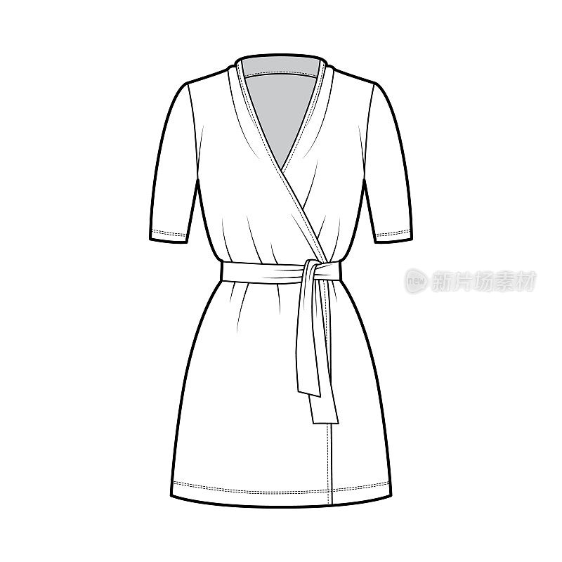 深v领、短袖、超大、超长、铅笔剪裁、领带的裹裙技术时尚插画。平