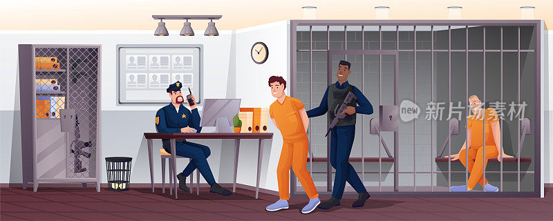 警察和囚犯在派出所现场。安保部门矢量插图。一个人坐在牢房里，看守着带枪的嫌疑人，一个人坐在电脑桌前拿着电话