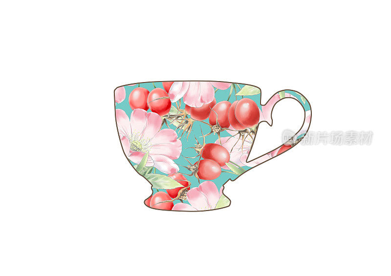 狗玫瑰花茶杯概念插画。玫瑰果茶，茶杯上装饰着粉红色的狗玫瑰花。