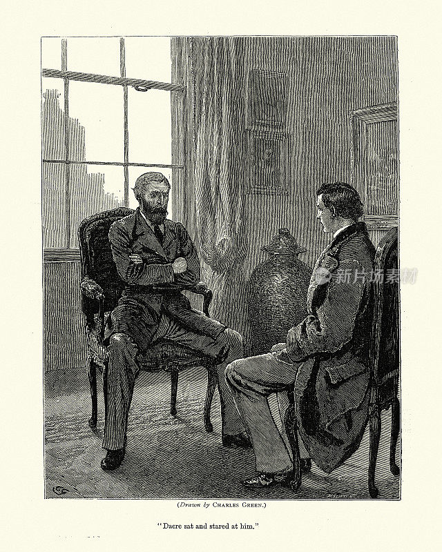 一名年轻男子接受了一名年长男子的采访，维多利亚式大爷式占统治地位，19世纪70年代