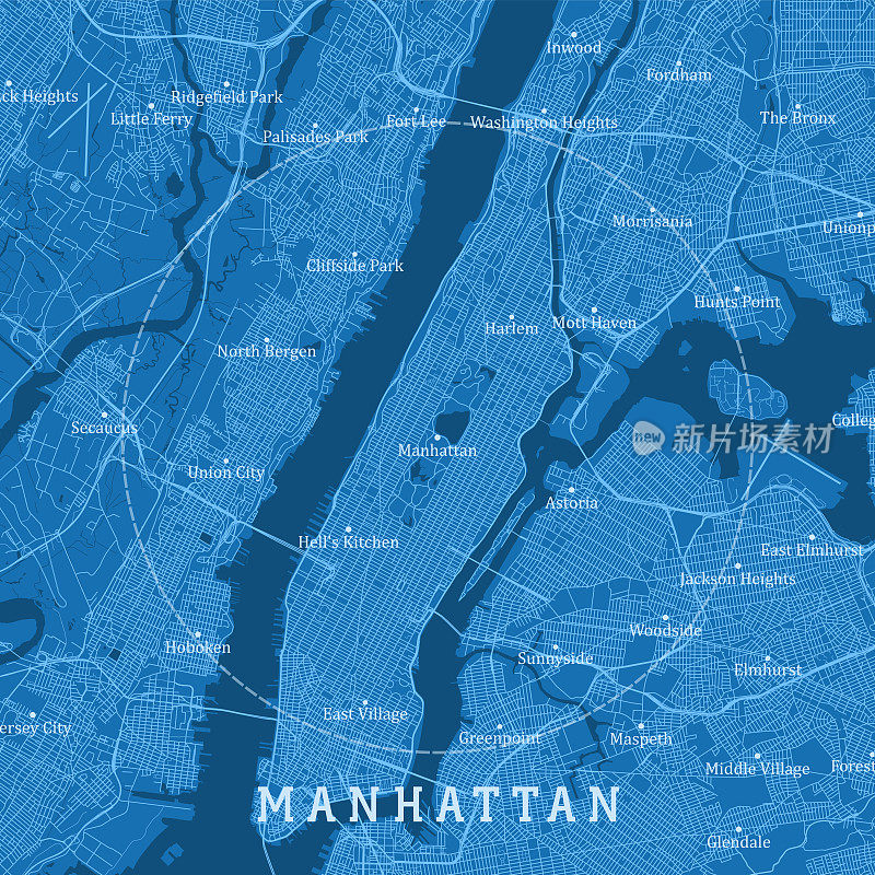 曼哈顿纽约城市矢量地图蓝色文本