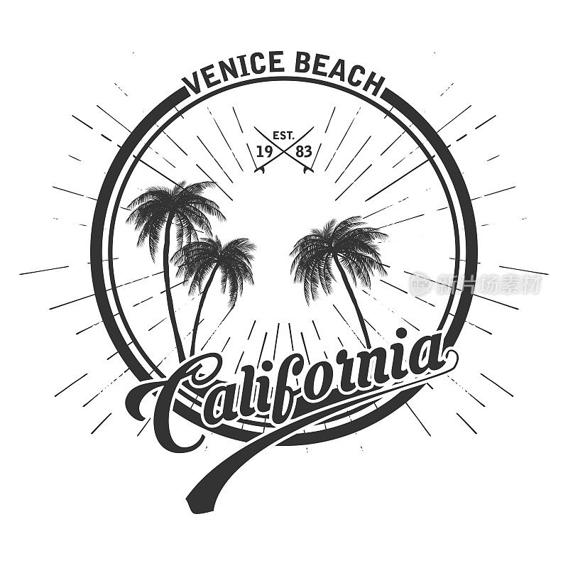 威尼斯海滩，加利福尼亚冲浪经典。复古水彩手写字母t恤服装时尚印花。复古旧学校t恤图形。自定义类型的设计。手绘排印艺术。