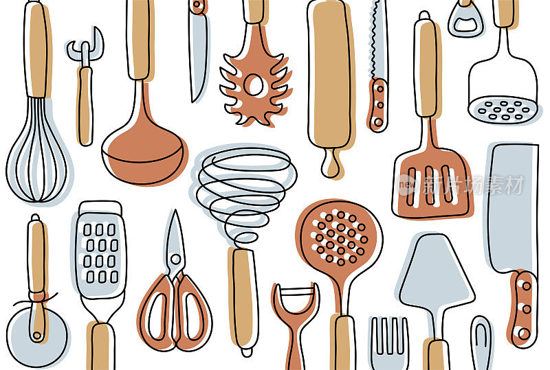 厨房knol。厨具素描集。涂鸦线向量器皿，工具和餐具。搅拌器，开槽勺，剪刀，擀面杖，勺子和抹刀。刀，叉，削皮器和开瓶器。
