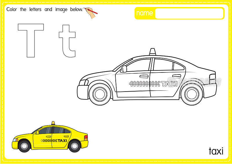 矢量插图的儿童字母着色书页与概述剪贴画，以颜色。字母T代表出租车。