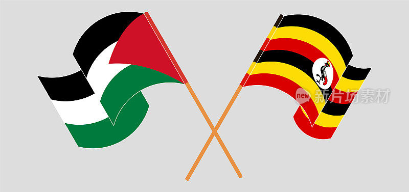 交叉并挥舞着巴勒斯坦和乌干达的旗帜