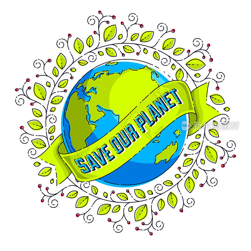 拯救地球，保护我们的星球，生态生态，气候变化，地球日4月22日，地球用丝带和打字和花的叶子绿色生长，矢量标志或插图孤立在白色。