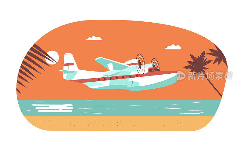 双引擎水上飞机背景抽象的热带景观。矢量插图。