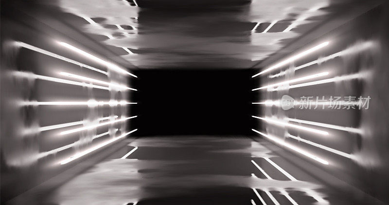 矢量插图。霓虹灯下的几何图形映衬着黑暗的隧道。激光线发光。霓虹灯的背景。