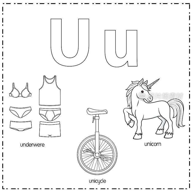 向量插图学习字母U的小写和大写的儿童与3卡通图像。内衣独轮车独角兽。