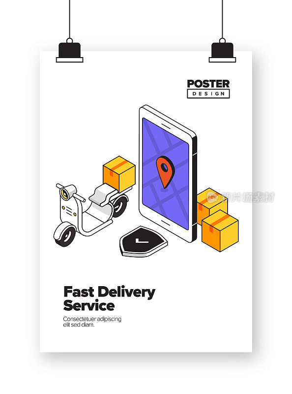 快速交付服务概念等距网横幅，海报，封面和横幅的三维设计