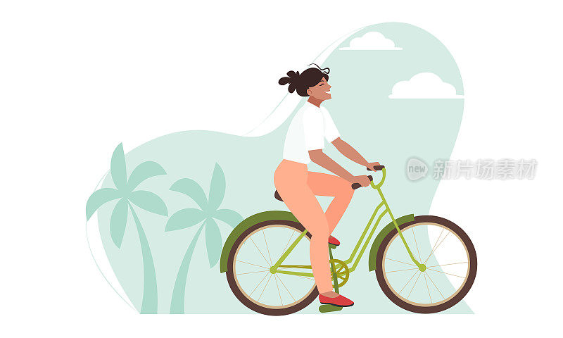 一个长发飘舞的可爱女孩骑着自行车。棕榈背景景观