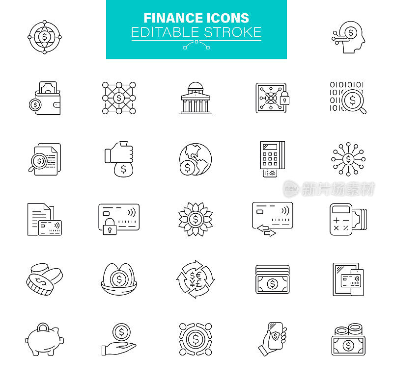 财经图标可编辑的笔画。包含诸如银行,业务战略,投资,股票市场,财富的图标
