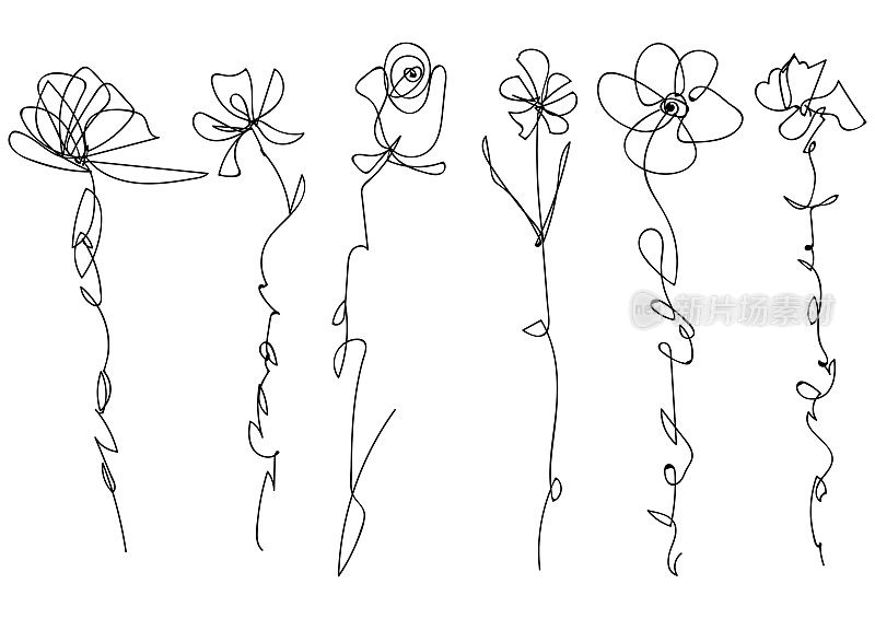 矢量集装饰线艺术手绘植物孤立在白色的花图标插图