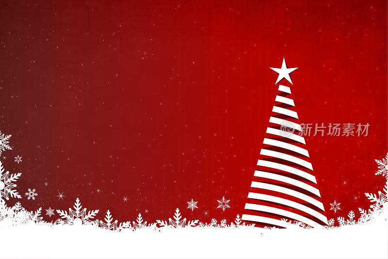 闪闪发光的圣诞节向量水平红色背景白色条纹三维或三维三角形树与星星在顶部和雪花和闪亮的圆点在明亮的充满活力的栗色背景下