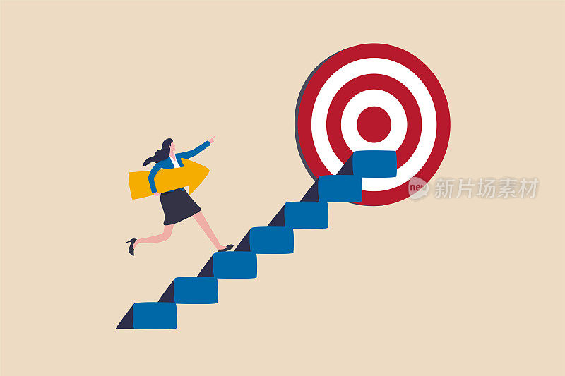 事业进展或事业道路，步骤达到目标或商业目标，成功步骤或动机改进的概念，信心女商人拿着箭走上楼梯达到目标。