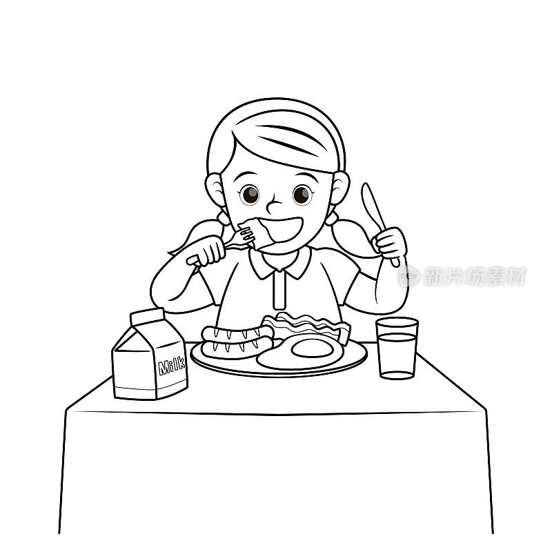 黑白矢量插图的儿童活动涂色书页与一个女孩吃早餐的图片。