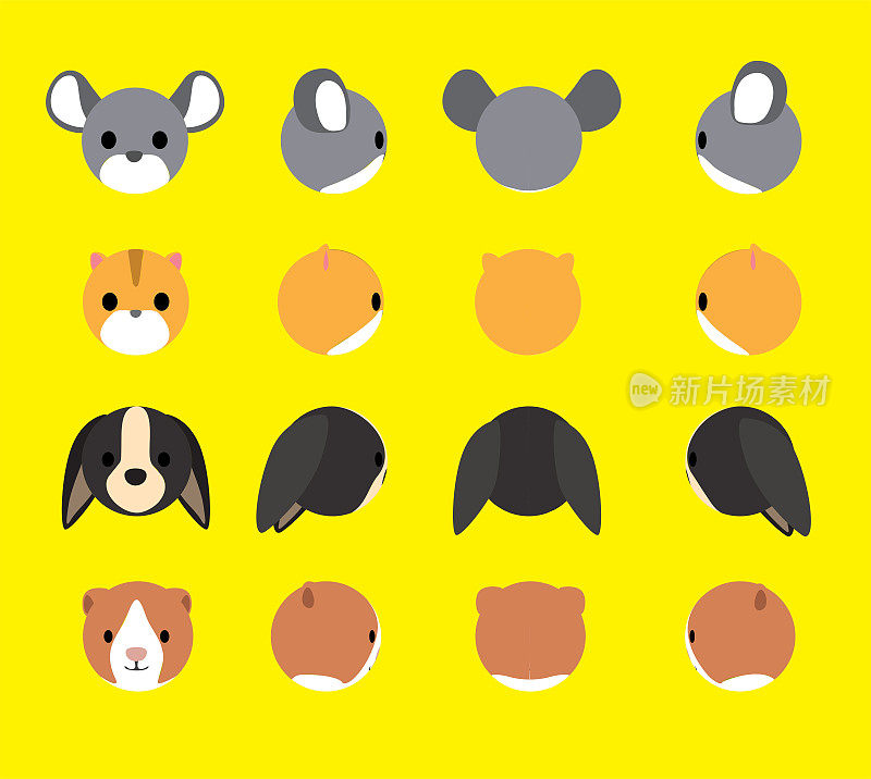 3D球头动物栗鼠，仓鼠，兔子，豚鼠旋转卡通矢量插图