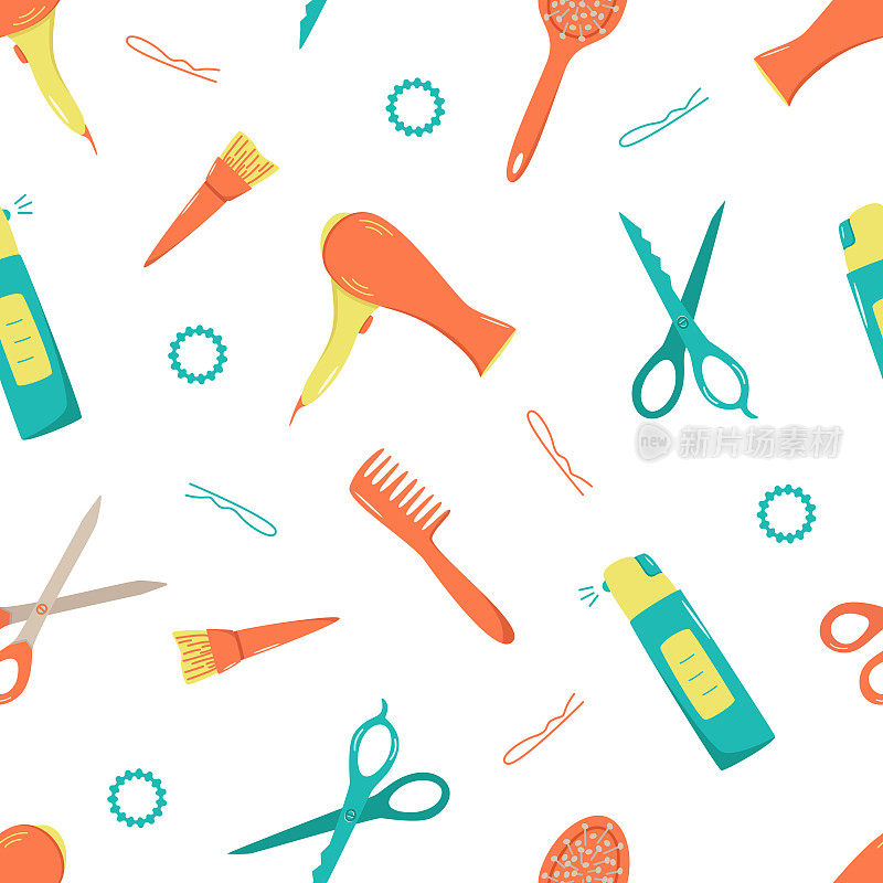 无缝花样美发工具包，适合美容院或家庭使用。为自己和头发护理的涂鸦图标的矢量插图。梳子、剃须刀、吹风机、卷发器等物品。