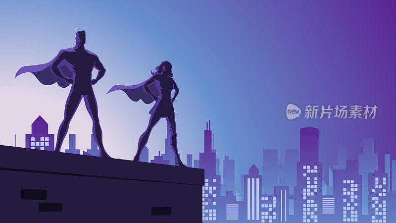 矢量超级英雄夫妇在夜晚的城市股票插图