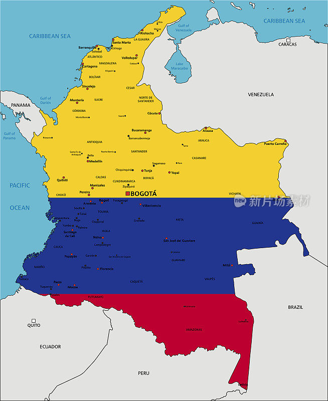 哥伦比亚高度详细的政治地图与国旗。