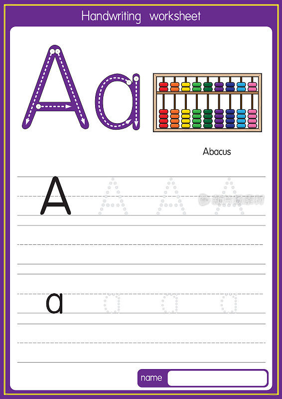 矢量演示Abacas与字母A大写字母或大写字母的儿童学习练习ABC