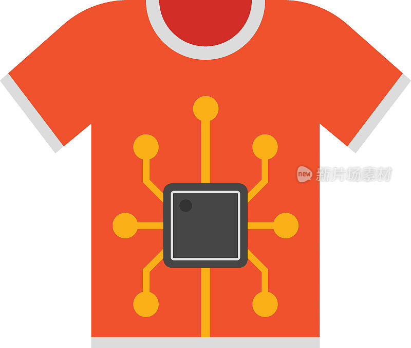 男士衬衫内嵌NFC芯片概念，传感器在面料上的矢量色彩图标设计，可穿戴技术符号，个人物联网标志，科技服装库存插图