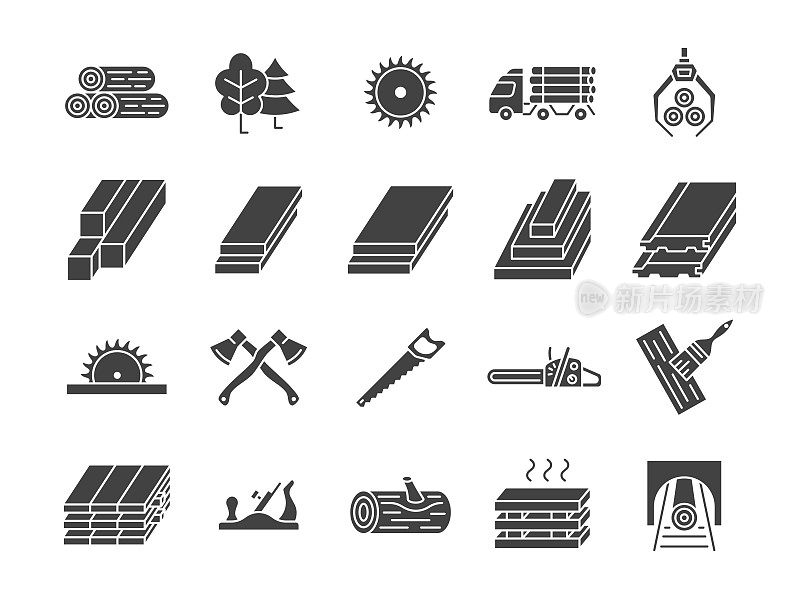 木材字形图标集。锯木厂收集原木，斧头，伐木车，锯，树，木工。矢量插图。