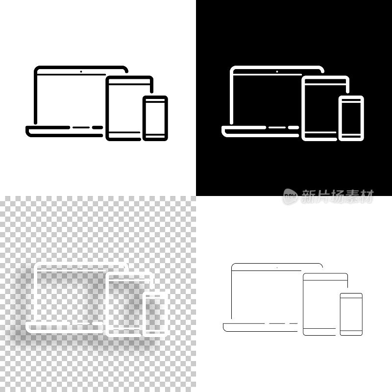 笔记本电脑、平板电脑和智能手机。图标设计。空白，白色和黑色背景-线图标