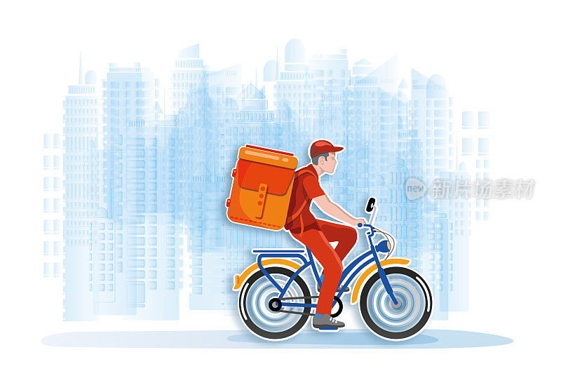现代城市插图中的送货员骑自行车送货
