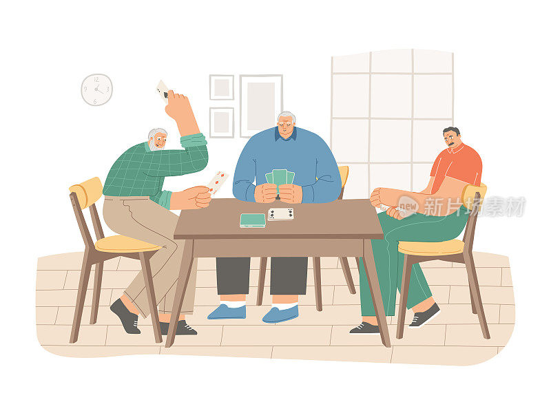 老年人在家里一起打牌。年长的朋友在一起消磨时光。三个老人坐在桌旁打桥牌或扑克。矢量插图孤立在白色背景
