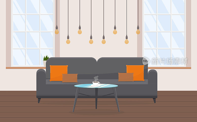 灰色软沙发在阁楼式公寓室内极简主义大窗户