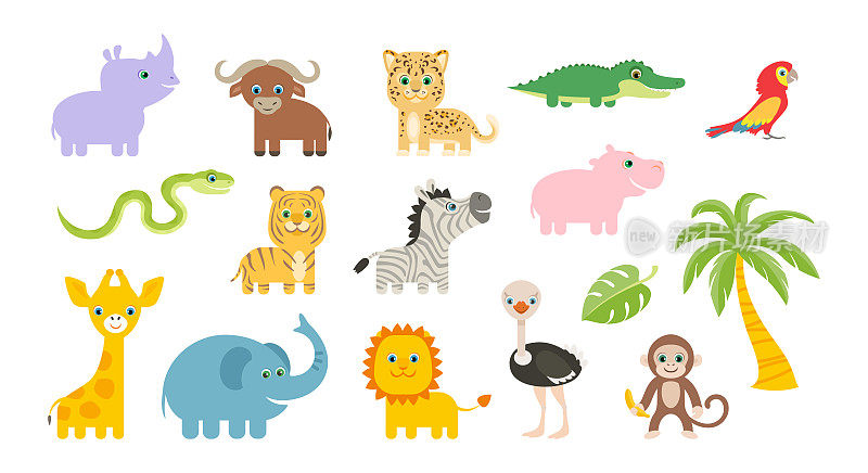 可爱的非洲卡通动物设定。有趣的河马，老虎，狮子，大象，鳄鱼，斑马，长颈鹿，犀牛，鸵鸟，猴子，蛇，豹，水牛和鹦鹉。矢量平面插图。