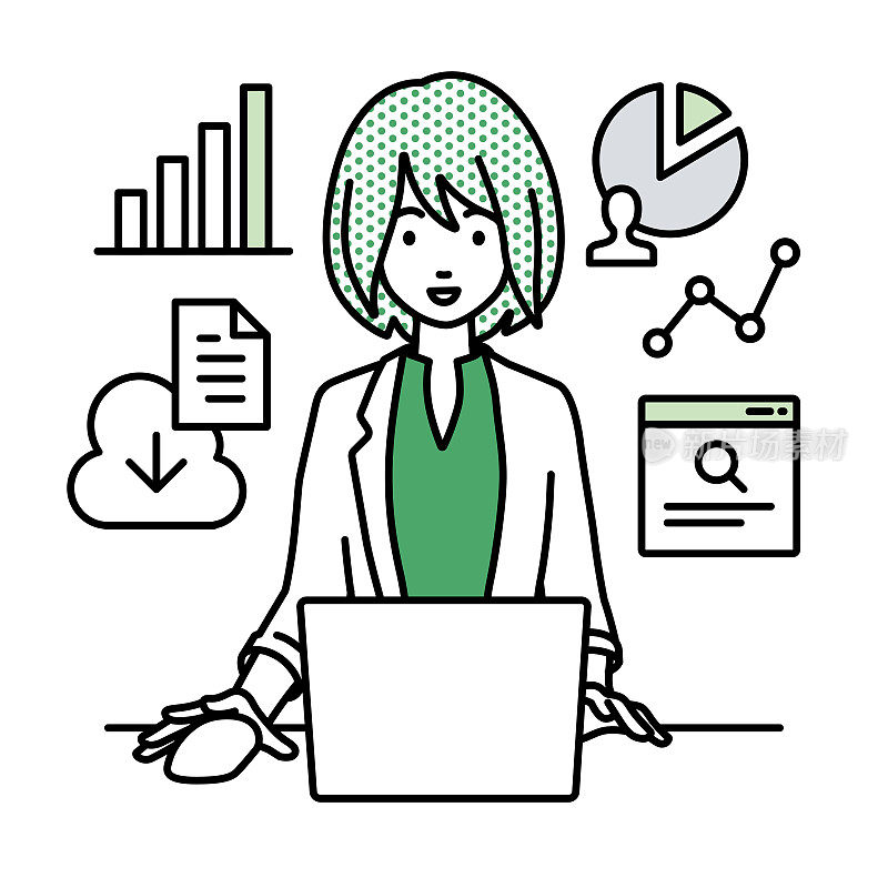 一名身着工作服的女士在办公桌前使用笔记本电脑浏览网站、进行研究、在云端共享文件、分析和做报告