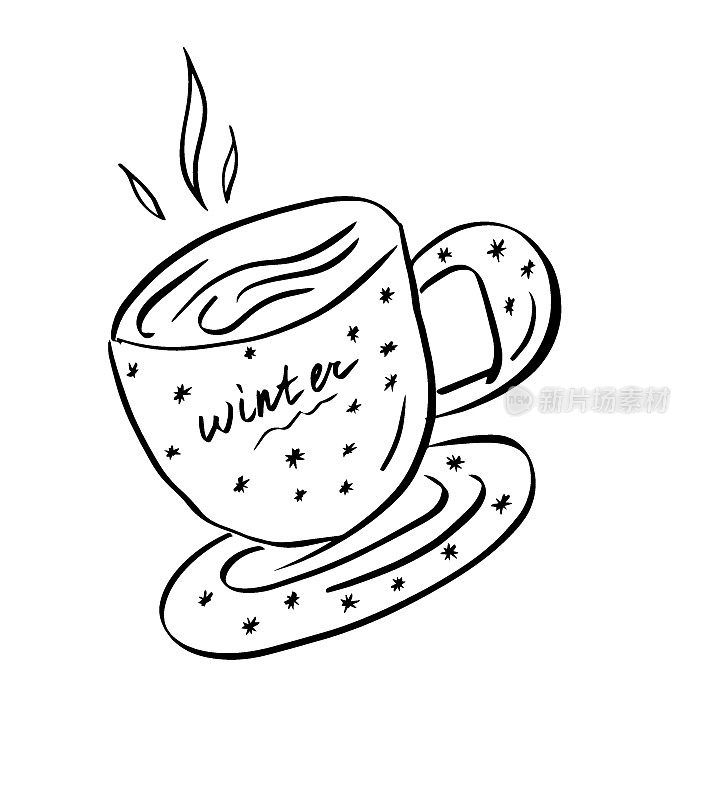 一杯写着冬天和雪花的咖啡或茶。冬天的概念。