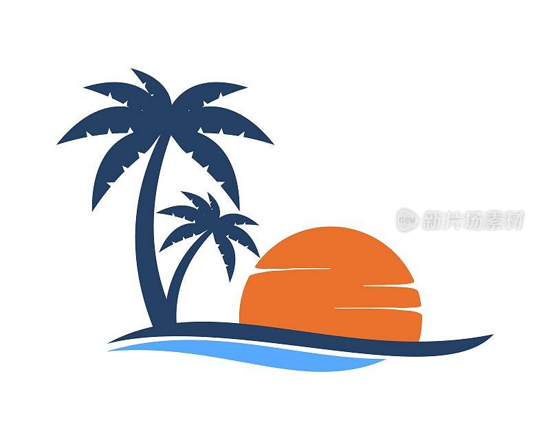 棕榈树与波浪和夕阳