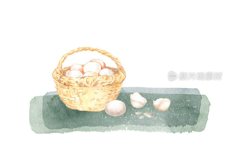 水彩鸡蛋篮子与蛋壳