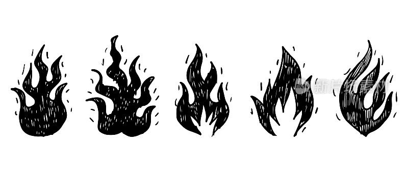 一套手绘的火焰和火球孤立在白色背景。涂鸦矢量插图。