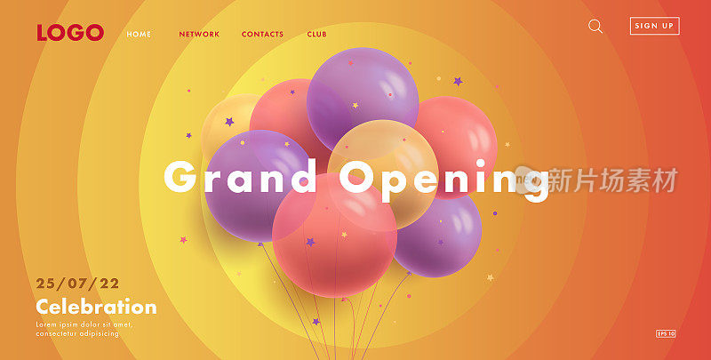 盛大的开放网页横幅与一束圆透明的气球在温暖的阳光的背景与圆圈从中心蔓延与界面