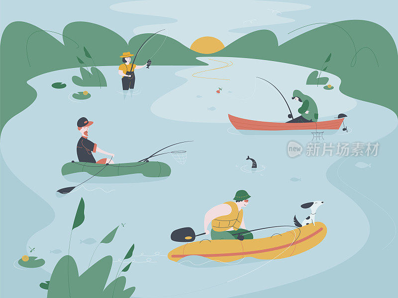 几个渔民在船上在湖上或河上钓鱼。捕鱼矢量插图。
